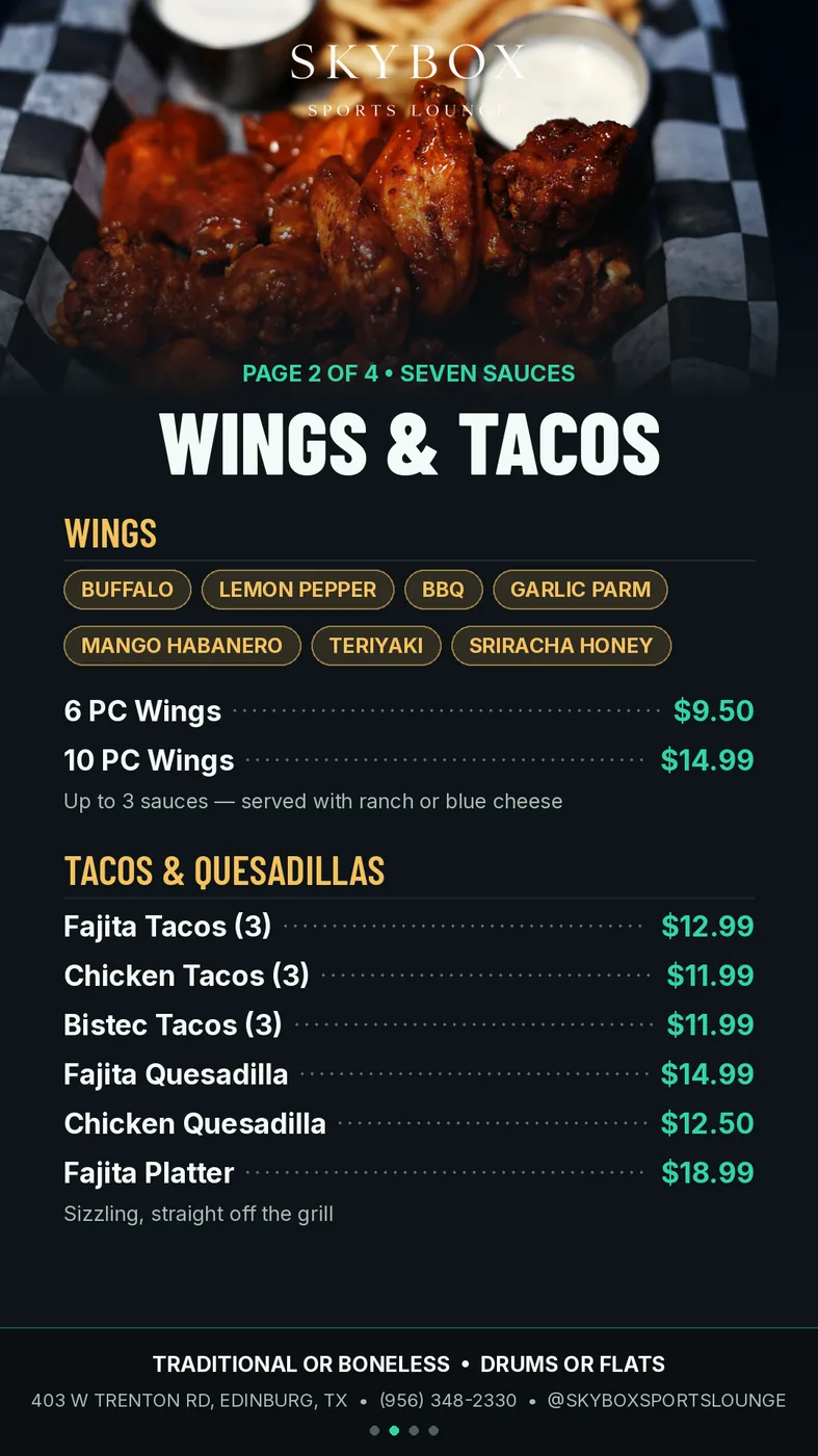 Skybox Sports Lounge wings and tacos menu artwork in black, gold, and green