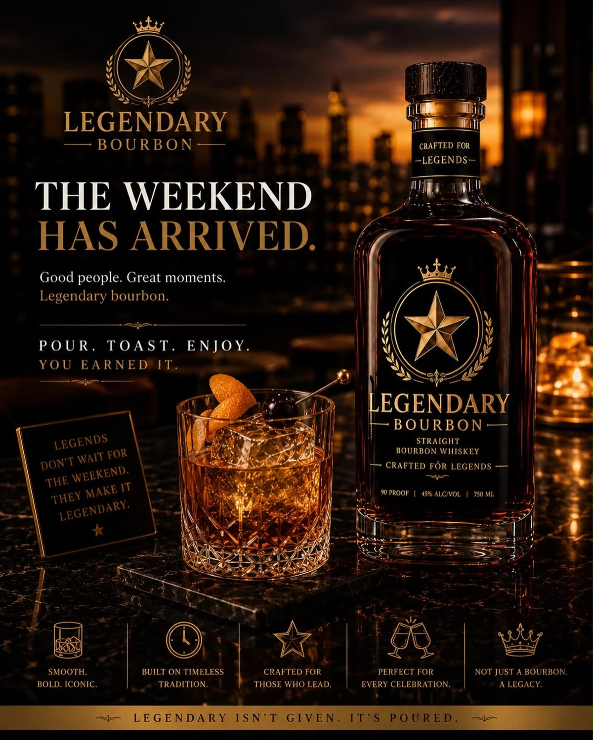 Legendary Bourbon’s gold-and-black brand campaign